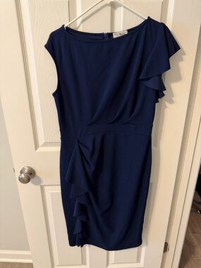 Classic Navy One-Shoulder Ruffle Midi Dress